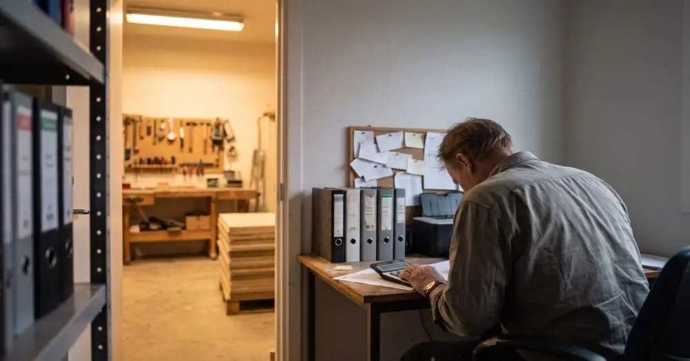 Företagare beräknar dröjsmålsränta med miniräknare vid skrivbordet i verkstadens kontor