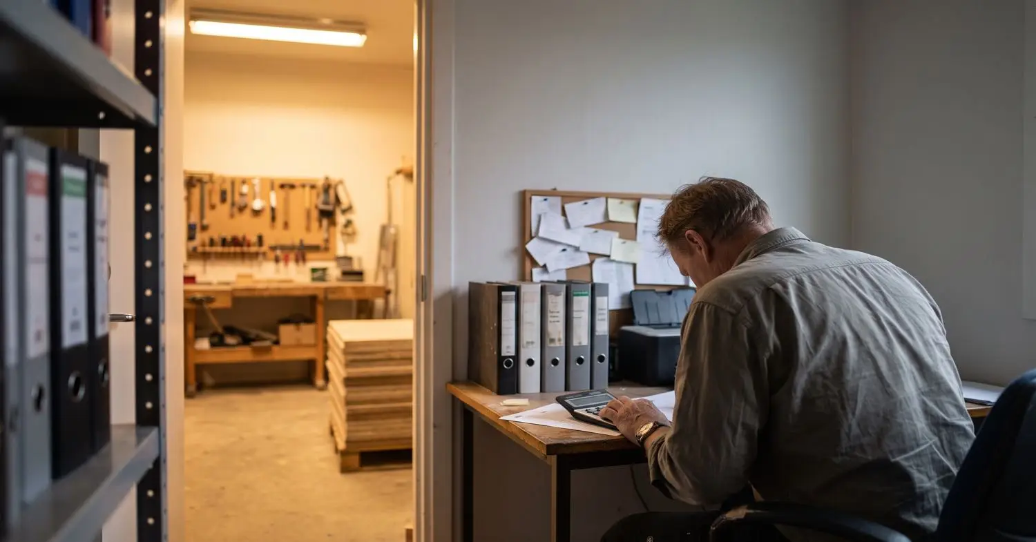 Företagare beräknar dröjsmålsränta med miniräknare vid skrivbordet i verkstadens kontor