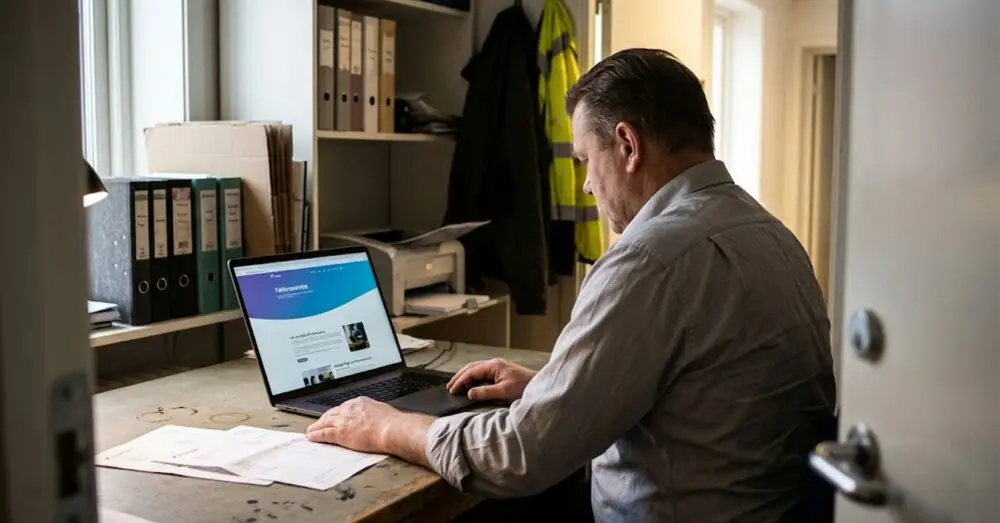 Företagare går igenom betalningsvillkor på en faktura vid arbetsbänken i verkstaden