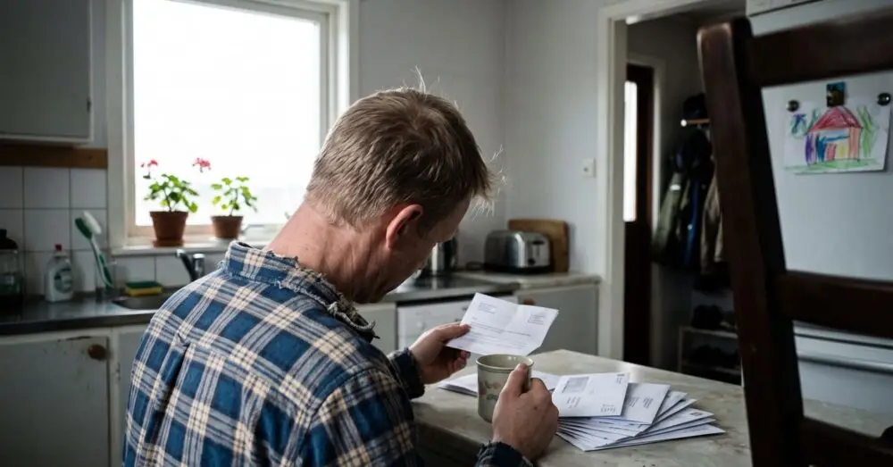 Företagare går igenom posten vid köksbänken och stämmer av dröjsmålsränta på en försenad faktura