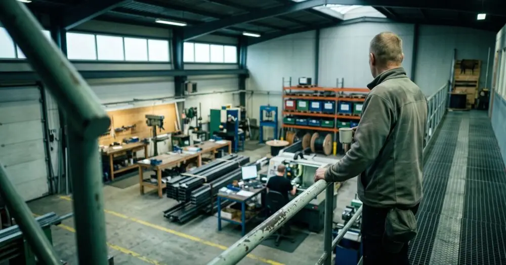 Verkstadsägare blickar ut över sin produktionshall, med obeståndsrisken flyttad genom factoring utan regress