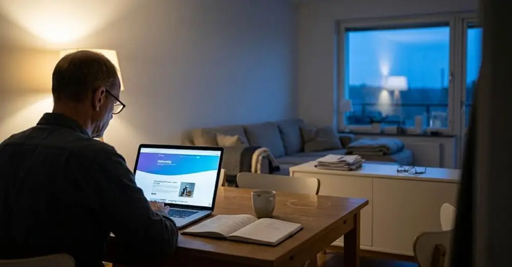 Företagare jämför fakturaköp och fakturabelåning på sin laptop vid matbordet