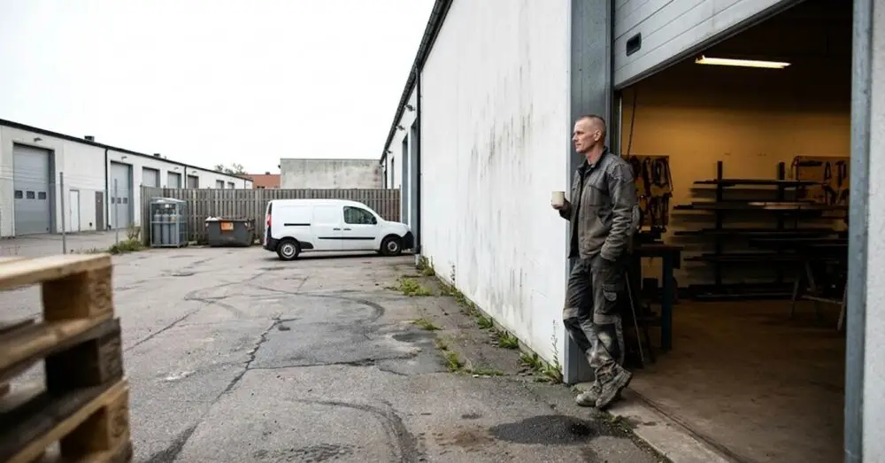 Företagare utanför sin verkstad funderar på fakturaköp med eller utan regress
