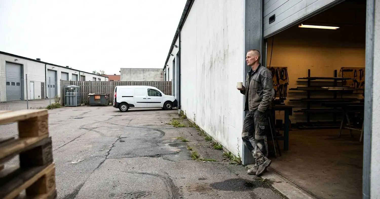 Företagare utanför sin verkstad funderar på fakturaköp med eller utan regress