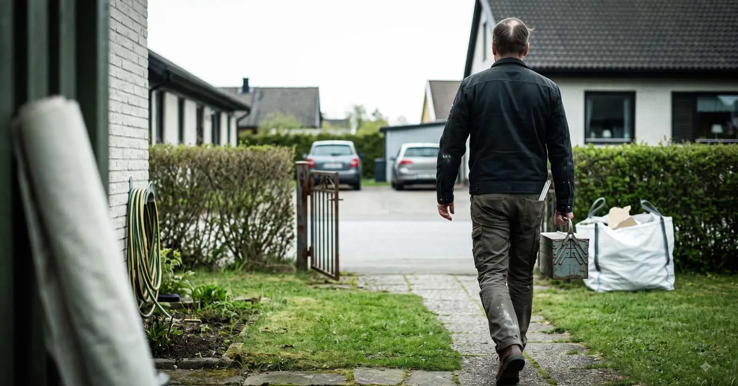 Företagare lämnar villan efter avslutat kunduppdrag, med fakturan redo att säljas för betalning direkt