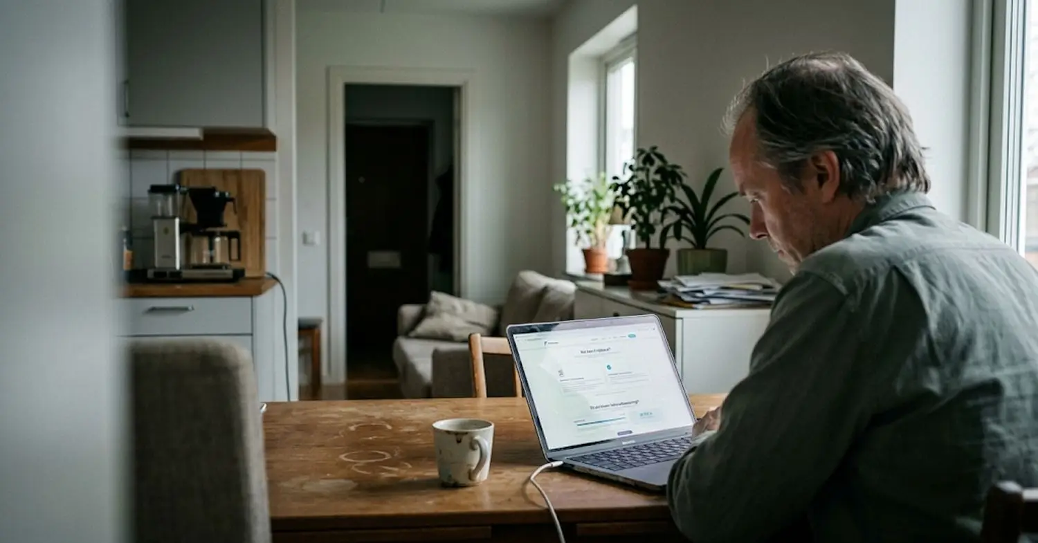 Företagare läser om fakturaköp på Finansias webbplats vid köksbordet