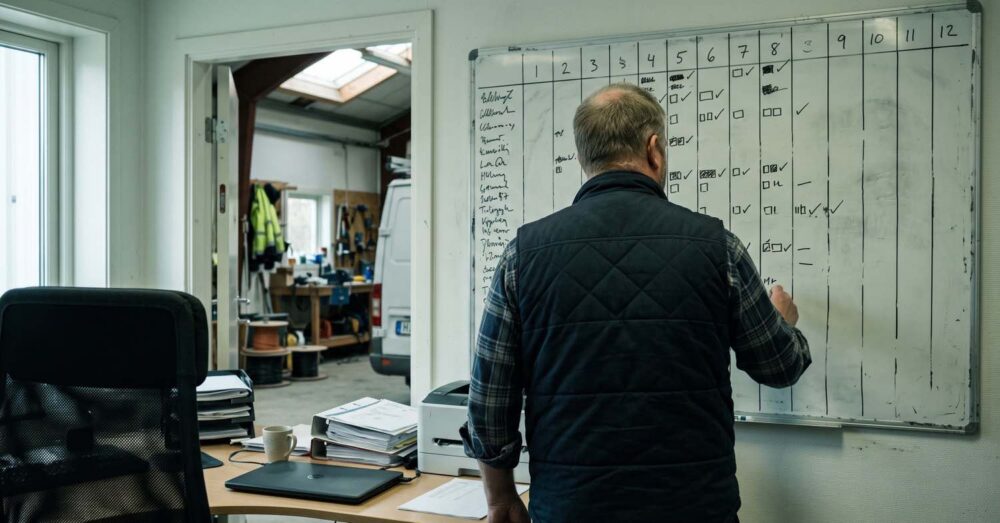 Elinstallatör planerar årets likviditetsbudget månad för månad på en whiteboard i verkstadskontoret