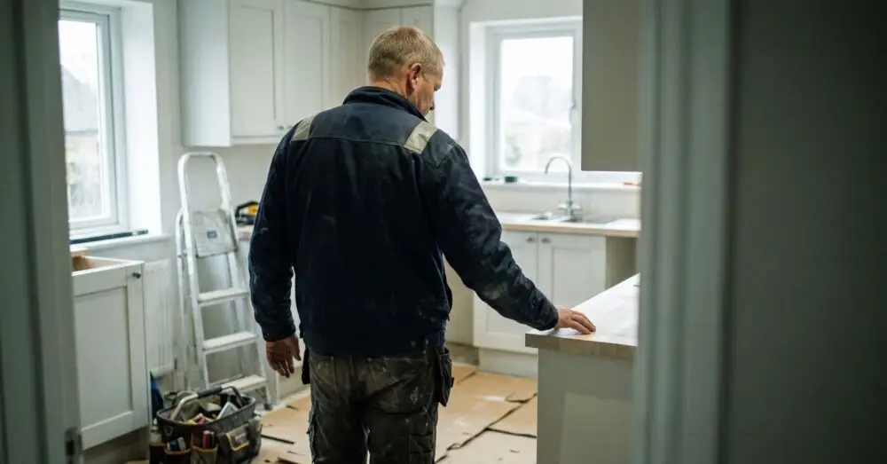 Hantverkare kontrollerar det färdiga köket innan fakturan skickas, det första steget för att undvika en obetald faktura