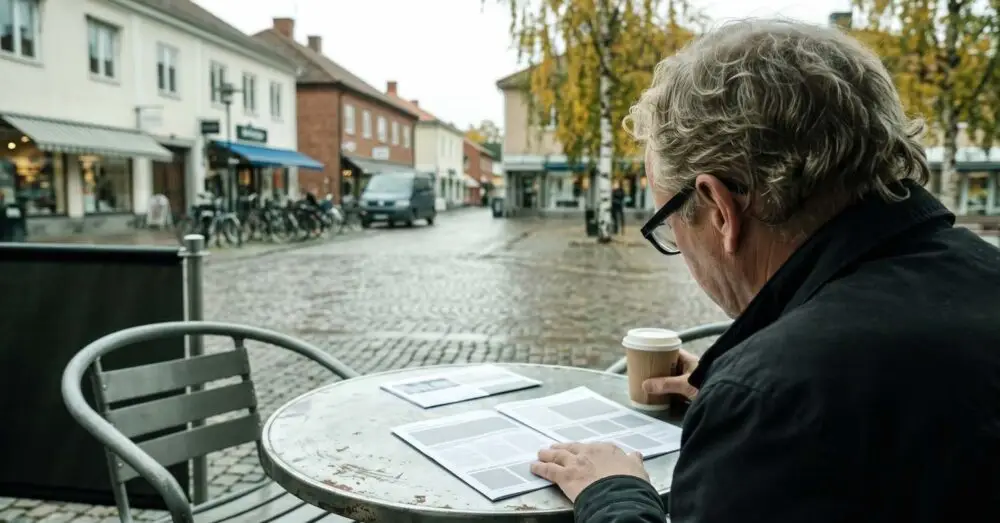Företagare jämför två offerter från factoringbolag vid ett kafébord på torget